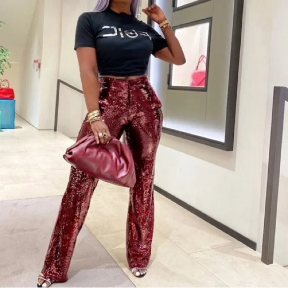 Zara Pants Jumpsuits Zara Sequin Flare Holiday Christmas Red